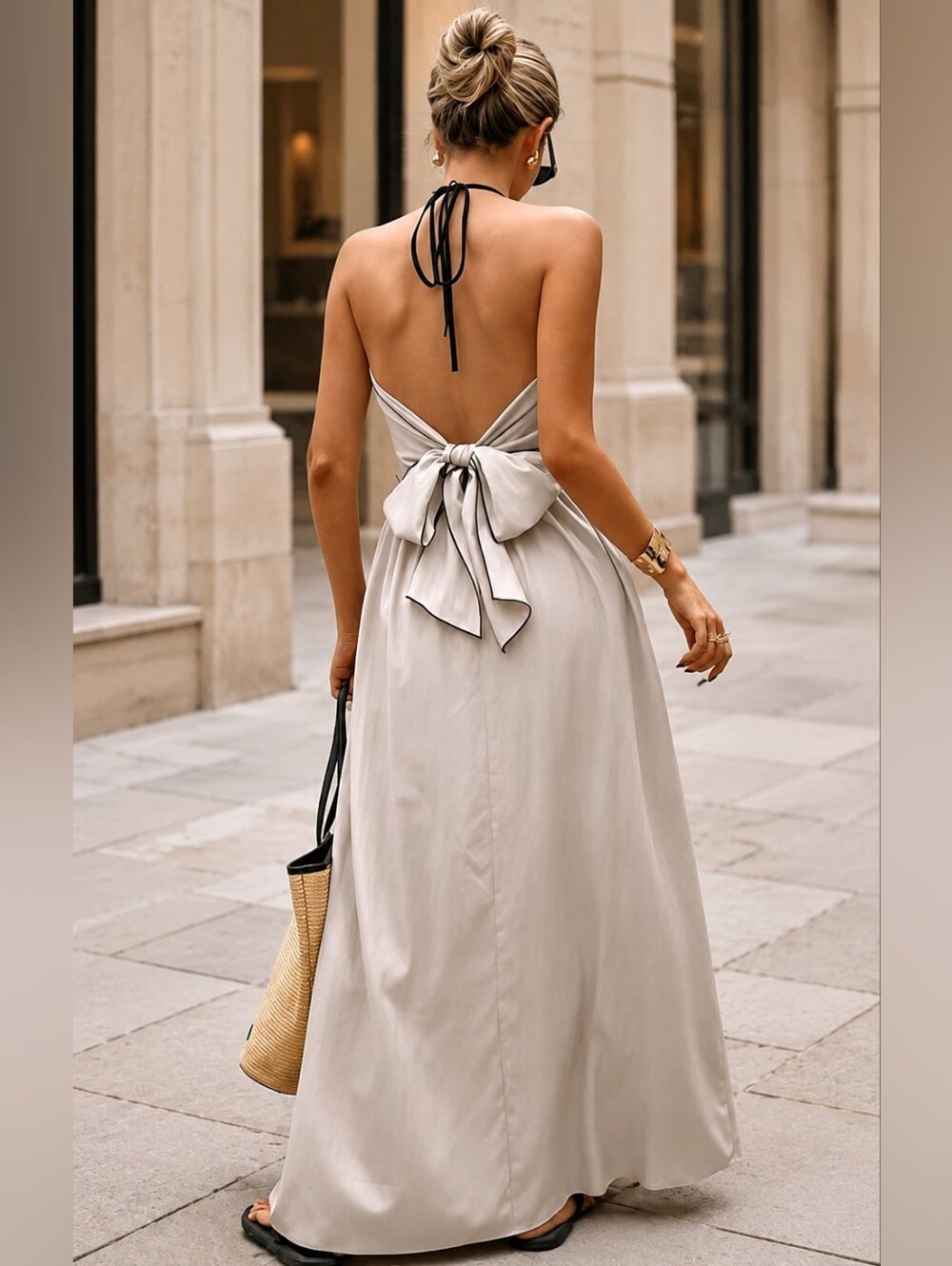 New Boho Tie Halter Maxi Dress Contrast Trim Ruffle Beige Tan